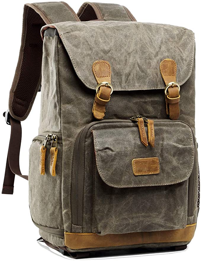 S-ZONE Waterproof Waxed Canvas Camera Backpack Camera Case 14 inch Laptop and Tripod (army green)