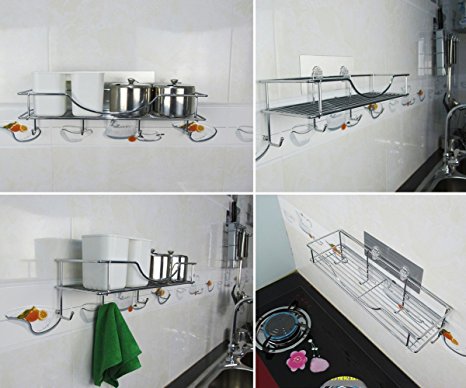 Bathroom Towel Shelf / Kitchen Holder, AISHN 304 Stainless Steel Vacuum Super Silicone Storage Rack, Space-Saving Rack Includes 4 Hooks