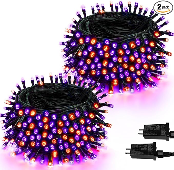 2-Pack 66FT 200 LED Extendable Halloween Lights, Orange and Purple Halloween Decorations Outdoor Indoor Tree Lights with Timer & Memory Function, Plug in Mini Lights Waterproof with 8 Lighting Modes