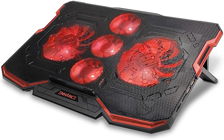 ENHANCE Cryogen Gaming Laptop Cooling Pad - Fits 17 in. Computer, PS4 - Adjustable Laptop Cooling Stand with 5 Quiet Cooler Fans, 2 USB Ports and LED Lighting - Slim Portable Design 2500 RPM (Red)