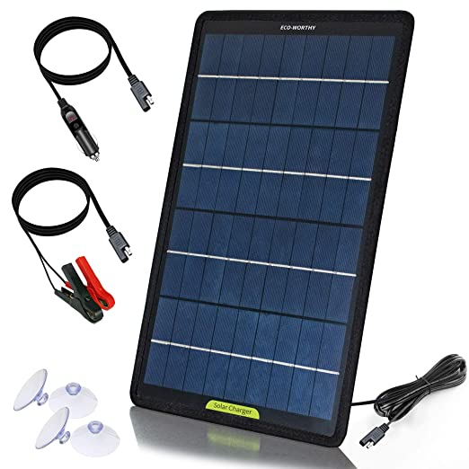 ECO-WORTHY 12V 10W Solar Panel Trickle Charge Power Maintainer, Portable Backup Kit with Alligator Clip Adapter for Car, RV, Boat, Automotive, Motorcycle