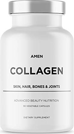 Amen Multi Collagen Pills with Hyaluronic Acid and Vitamin C, 5 Type Hydrolyzed Collagen Protein Peptides, Types I II III V X, 30 Servings, 90 Capsules