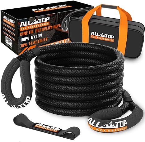 ALL-TOP Kinetic Recovery Rope, 48000 Lbs (1in x 20ft Black) Extreme Duty 30% Elasticity Energy Snatch Strap for 4x4 Offroad Vehicle