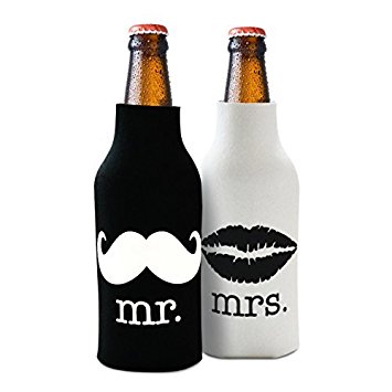 Mr. and Mrs. - Front and Back Printed- Wedding, Anniversary, Newlywed, Bridal shower, Bachelorette Zipper Bottle Cooler Gift Set - Pack of 2 Foam Bottle Coolers