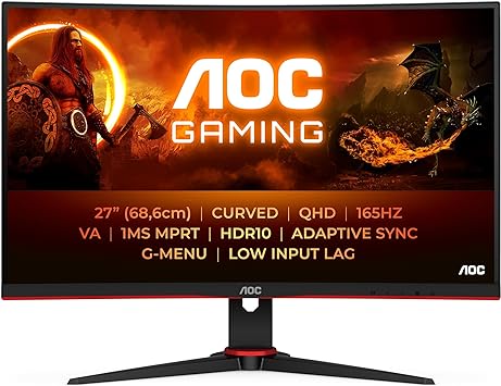 AOC Gaming CQ27G2SE - 27 Inch QHD Monitor, 165Hz, VA, 1ms, FreeSync Premium, Low Input Lag, Shadow Comtrol, Game Modes (2560 x 1440 @ 165Hz, 250 cd/m, HDMI 2.0 x 2 / Display Port 1.2)