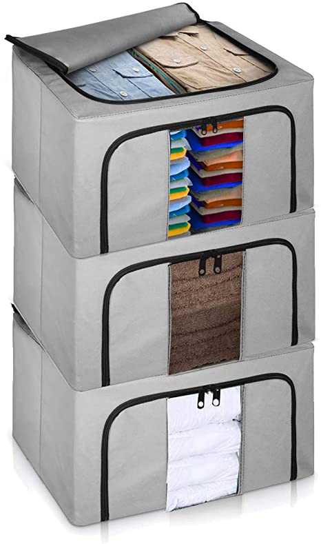 LIVIVO Set of 3 Storage Bags Boxes Organiser With Double Opening Zips X-Large- Clear Windows – Great for Storing Duvets Blankets, Bedding, Clothes Towels, Sweaters Toys - Under Bed Closet Wardrobe Box