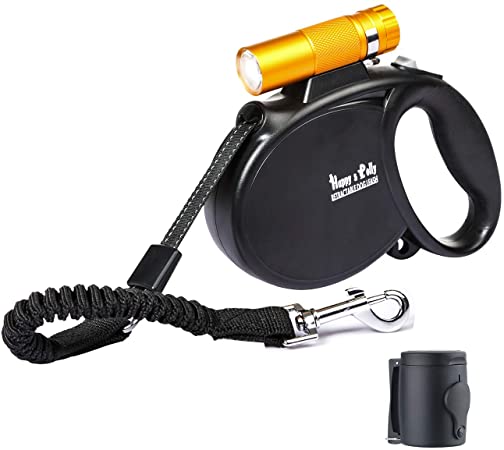 Happy & Polly Dog Leash Retractable Heavy Duty 16.4 ft Strong Nylon Tape Dog Walking Leash with Flashlight Detachable/Protective Bungee Leash/Magic Box Dispenser/Poop Bags