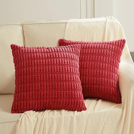 Fancy Homi 2 Packs Red Decorative Throw Pillow Covers 24x24 Inch for Living Room Couch Bed Sofa, Rustic Farmhouse Boho Home Decor, Soft Striped Corduroy Square Cushion Case 60x60 cm