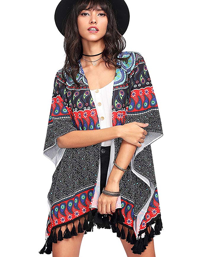 Romwe Women's Floral Cardigan Kimono Beach Cover up Loose Blouse