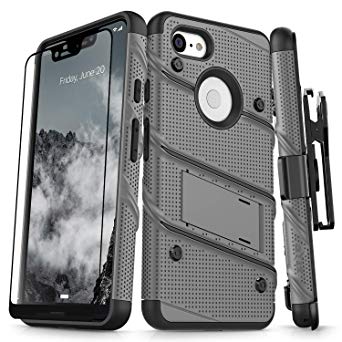 Zizo Bolt Series Compatible with Google Pixel 3 XL Case Military Grade Drop Tested with Full Glass Screen Protector Holster and Kickstand Metal Gray