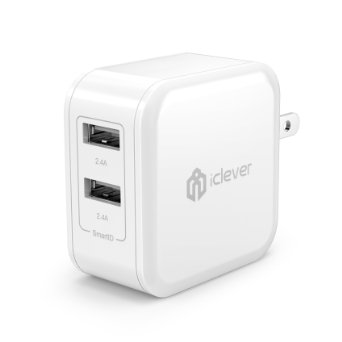 iClever BoostCube 4.8A 24W Dual USB Travel Wall Charger with SmartID Technology, Foldable Plug for iPhone iPad, Samsung Galaxy, HTC Nexus Moto Blackberry, Bluetooth Speaker Headset & Power Bank, White
