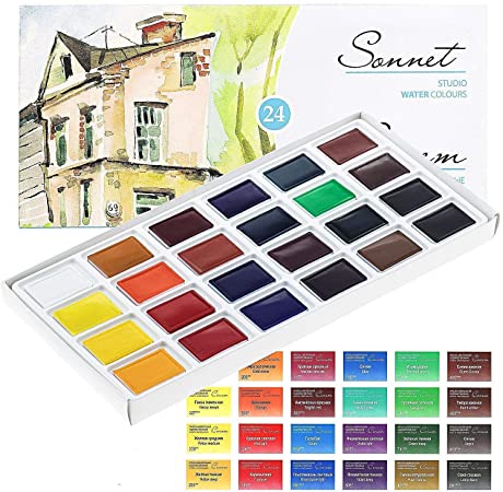 Sonnet Watercolour Paint Set - 24 Whole Pans - for Professionals, Beginners and Enthusiasts by Nevskaya Palitra from Russia