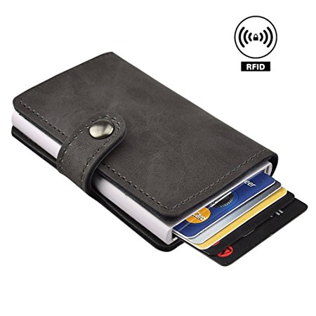Dlife Credit Card Holder RFID Blocking Wallet Slim Wallet PU Leather Vintage Aluminum Business Card Holder Automatic Pop-up Card Case Wallet Security Travel Wallet (Grey)
