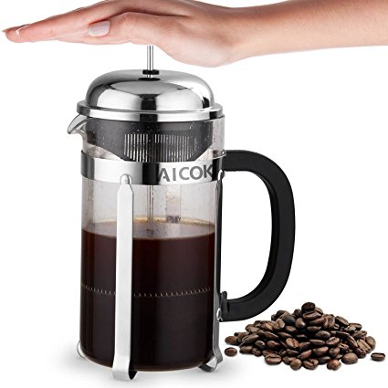 Aicok French Press Coffee Maker, Heat-Resistant Borosilicate Glass Coffee Press, 8-Cup Tea Press with 3 Bonus Stainless Steel Filter Screens and 1 Scoop, 34 oz / 1L