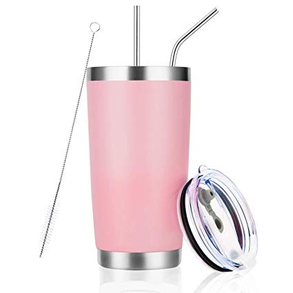 20oz Pink Tumbler Stainless Steel Insulated Travel Mug with Straw Lid Cleaning Brush