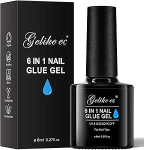 Gelike ec Colla per Unghie Finte 6 in 1 en Gel Resina a lunga durata, Base Coat e Rinforzante, Estensione Unghie, Gel Blossom, Soluzione Slip, Cura Unghie Lampada UV Necessaria, Colla Resina, 8 ml