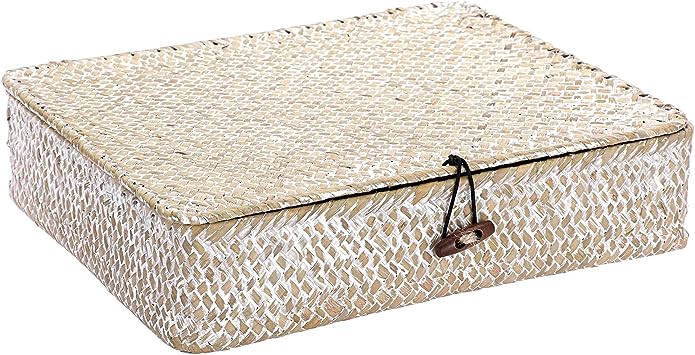 Hipiwe Flat Woven Wicker Basket Box Natural Seagrass Basket Bin Multipurpose Household Basket Bin Box for Shelf, Whitewash,Small