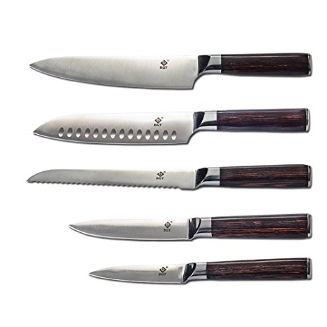 BGT Japanese Kitchen Knives With Color Wood Handle Stainless Steel Kitchen Knife Set 3.5'' Paring Knife 5'' Utility Knife 7'' & 8'' Inch Chef Knife 8'' Bread Knife (Kitchen Set)