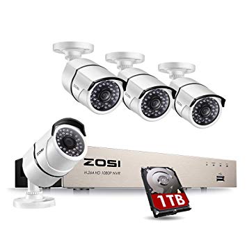 ZOSI 8CH 1080P POE Security System - 8 Channel Surveillance NVR with 4 Bullet Waterproof Cameras & 1TB Hard Drive pre-Installed for Home Office Security