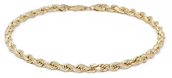 10k Fine Gold Solid Diamond Cut Rope Chain Bracelet and Anklet for Men & Women, 2.5mm (0.1")