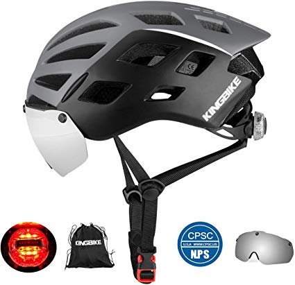 KINGBIKE DOT Bicycle Helmet CPSC Certified Detachable Eye Shield Goggles(Silver Mirror Tint,100% UV400 Protection,Can Over The Glasses) + Helmet Backpack Men Women,Safety LED Light