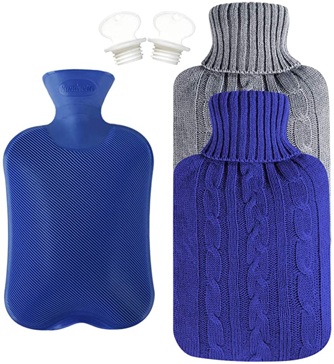 Attmu Classic Rubber Hot Water Bottle 2 Liter with 2 Pack Knit Covers and 1 Bottle Stopper, Blue