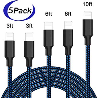 iPhone Charger, iPhone Cable 5 Pack [3/3/6/6/10FT] Extra Long Nylon Braided USB Charging&Syncing Cord Compatible with iPhone 7 7Plus X XS Max XS XR 8 8Plus 6S 6S Plus SE (Black&Blue)