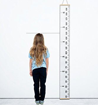 IPOW Baby Growth Chart Hanging Ruler Elegant Gift Package Bonus Adhesive Wall Hook Height Record Card,Growth Chart Wall Decor for Kids,Wood Frame Canvas Ruler,79" x 7.9"