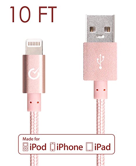 Lightning Cable 10ft Volts USB [Apple MFi Certified] Nylon Braided Charger w/ Aluminum Case on USB & 8-pin Connector for Apple iPhone 7 / 6 / 5 / 6s Plus, iPod, iPad & more (3 meter - Rose Gold)