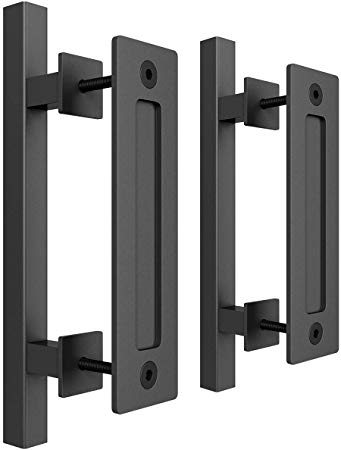 SMARTSTANDARD Heavy Duty 12" Pull and Flush Barn Door Handle Set, Large Rustic Two-Side Design, for Gates Garages Sheds Furniture, Black Powder Coated Finish, Square 2PCS