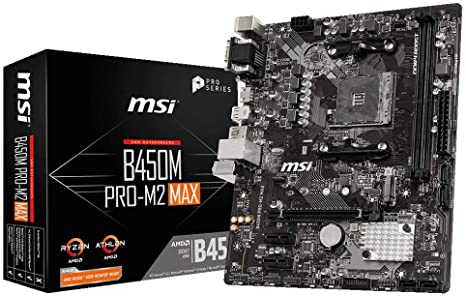 MSI B450M PRO-M2 MAX Motherboard mATX, AM4, DDR4, LAN, USB 3.2 Gen1, M.2, VGA, DVI-D, HDMI, AMD RYZEN 1st, 2nd and 3rd Gen Ready