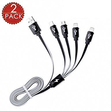 Multi Charger Cable,J2CC Multi USB Charger 4 in 1 USB Cable with Double 8 Pin Lightning, USB C, Micro USB Charger Connector for Android & iPhone Smartphones, iPad Tablets 3.3 Feet(1M)-White Black