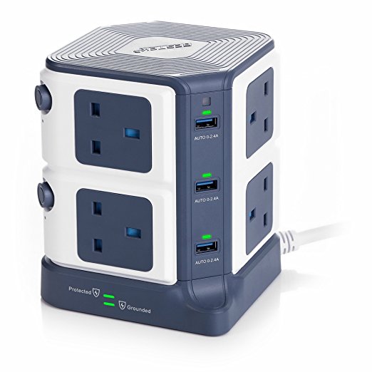 BESTEK 8 Way Surge Protected Tower Extension Lead Socket Plug with 6-Port (5V/8A) USB Power Strip 3250W/1.8M