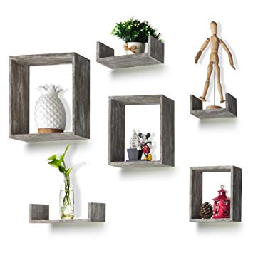 Round Rich Floating Shelves Set of 6 Rustic Wood Wall Shelves with 3 Square Boxes and 3 Small U Shelves for Free Grouping Grey