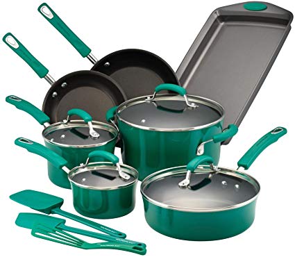 Rachael Ray Hard Porcelain Enamel Nonstick Cookware Set, 14-Piece, Fennel Gradient