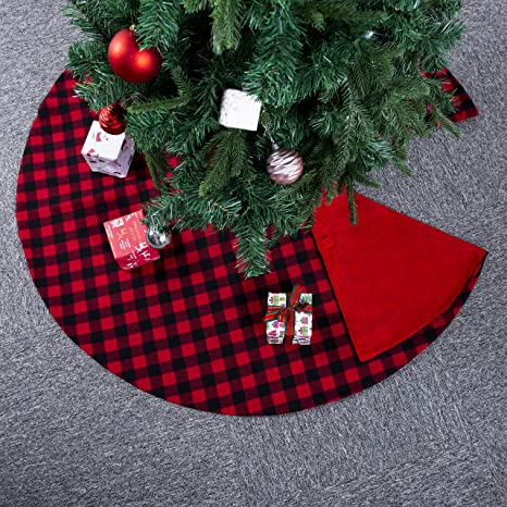 MOSTOP 48 Inches Large Christmas Tree Skirt, Red and Black Plaid Buffalo Double Layers with Thick Felt Lining, Checked Tree Skirt for Xmas New Year Holiday Party Home Ornaments