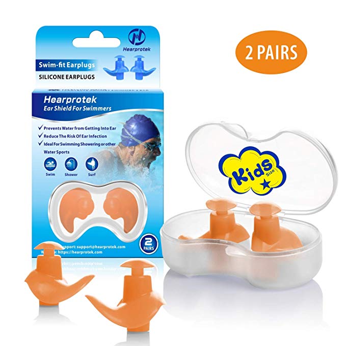 Hearprotek Swimming Ear Plugs, 2 Pairs Waterproof Reusable Silicone Ear Plugs for Swimmers Showering Bathing Surfing and Other Water Sports Kids Size