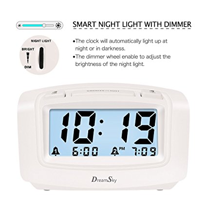 DreamSky Digital Alarm Clock With Dual Alarms Snooze, Smart Nightlight With Dimmer , Ascending Alarm Sound , Simple To Set, Battery Operated