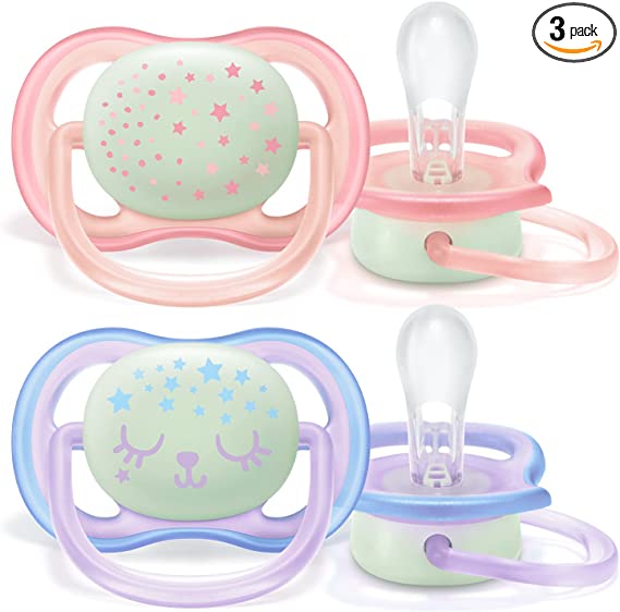 Philips Avent Soothers, 0-6m Ultra Air Night Soother with Glow-in-the-Dark Button, Star/Bear Design, Pink/Purple (Pack of 2) - SCF376/12