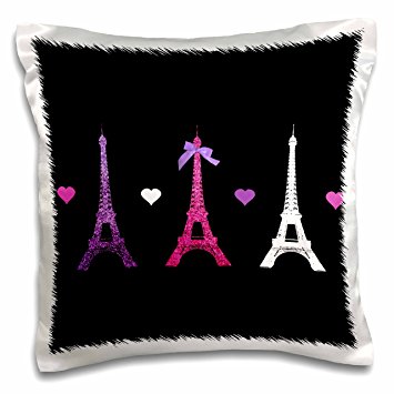 3dRose Girly Eiffel Tower - hot pink purple black Paris towers love hearts stylish French modern France - Pillow Case, 16 by 16-inch (pc_113151_1)