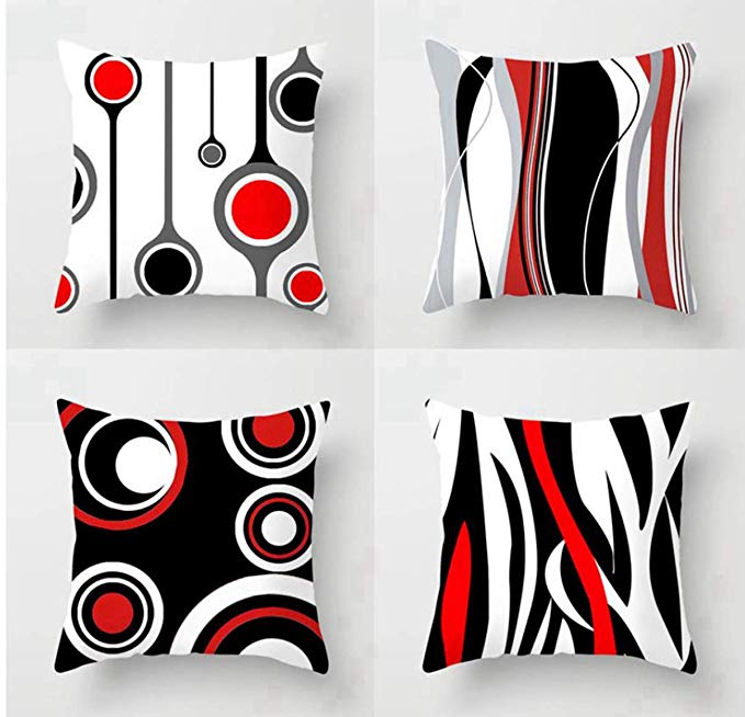 Emvency Set of 4 Throw Pillow Covers 18x18 Inches Decorative Cushion Modern Abstract Red Black White and Grey Wavy Vertical Stripes Dot Polyester Pillow Cases Square Pillocases for Bed Sofa
