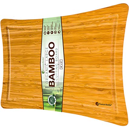 Bamboo Cutting Board with Deep Edge Juice Drip Groove Made from Natural and Eco-friendly Bamboo Wood. Large, Thick, and Strong Chopping Board. Measures 18x12 inches (Curved)