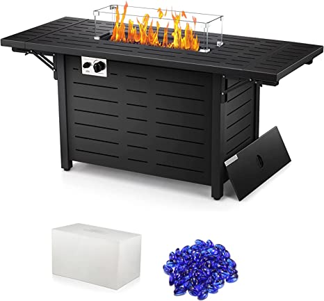 R.W.FLAME Propane Fire Pit Table 54in Foldable Table- Propane Fire Pit Table with Lava Rocks, Glass Wind Guard Steel Fire Pit Table for Picnic, 50000 BTU