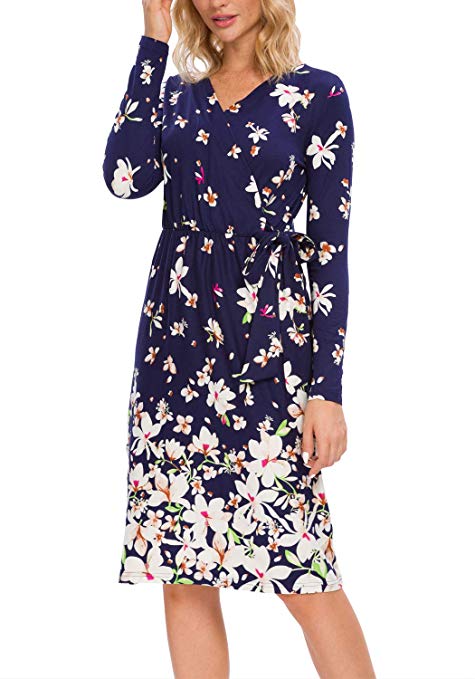 Simier Fariry Fall Women's Floral Long Sleeve Pockets Midi Work Casual Dress