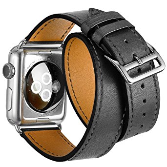 Valkit for Apple Watch Band - iWatch Bands 38mm Genuine Leather Strap iPhone Smart Watch Band Bracelet Replacement Wristband with Stainless Steel Adapter Clasp for Apple Watch 2 1, Double Tour - Gray