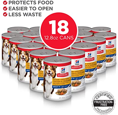 Hill's Science Diet Senior Wet Dog Food, Adult 7  Savory Stew with Chicken & Vegetables Canned Dog Food, 12.8 oz, 18 Pack, White