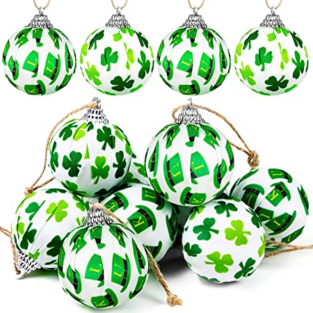 12 Pcs St Patrick Ornament Balls, Green Shamrocks and Hat Fabric Wrapped Balls, Decorative Hanging Ornaments for Tree Home Office Bedroom Party St. Patrick' Day Holiday Decorations