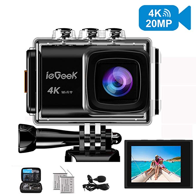 Action Camera, ieGeek 4K 20MP WiFi Waterproof Sports Cam Ultra HD Underwater Camera DV Camcorder EIS Image Stabilizer 170 Degree Wide-Angle with 2 Battery/External Microphone/Carry Case/Accessory Kit