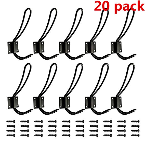 Rustic Entryway Hooks | 20 Pack of Black Wall Mounted Vintage Double Coat Hangers with Large Metal Screws Included | Hard Industrial Heavy Duty Hook Set | Best for Farmhouse Shabby Chic Hanging Look