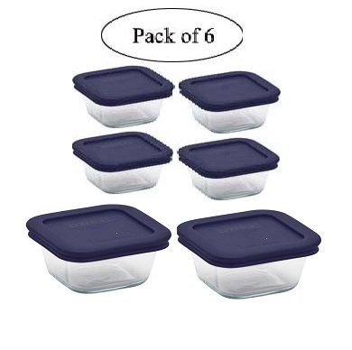 Pyrex Square Glass Food Storage Containers set with Dark Blue Plastic Cover, Use For Storage Food, Baking Dish, And Lunch Box (2-4cup in 4-1cup with Blue Lids) (6, 2-4cup in 4-1cup)